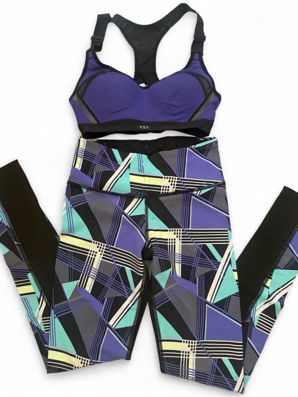 Y2K VSX Women's Purple High-Impact Sports Bra & Geometric Leggings Set
